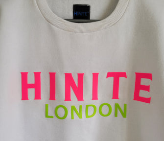 Two Tone HINITE London Relaxed Fit Sweatshirt – Letter Logo Print – Pearl White With Light Green & Shocking Pink